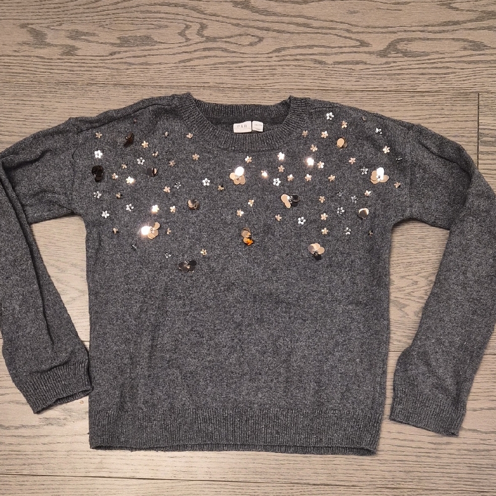 GAP kids Gray Sequin & Floral Accent Crewneck Sweater size 13-14